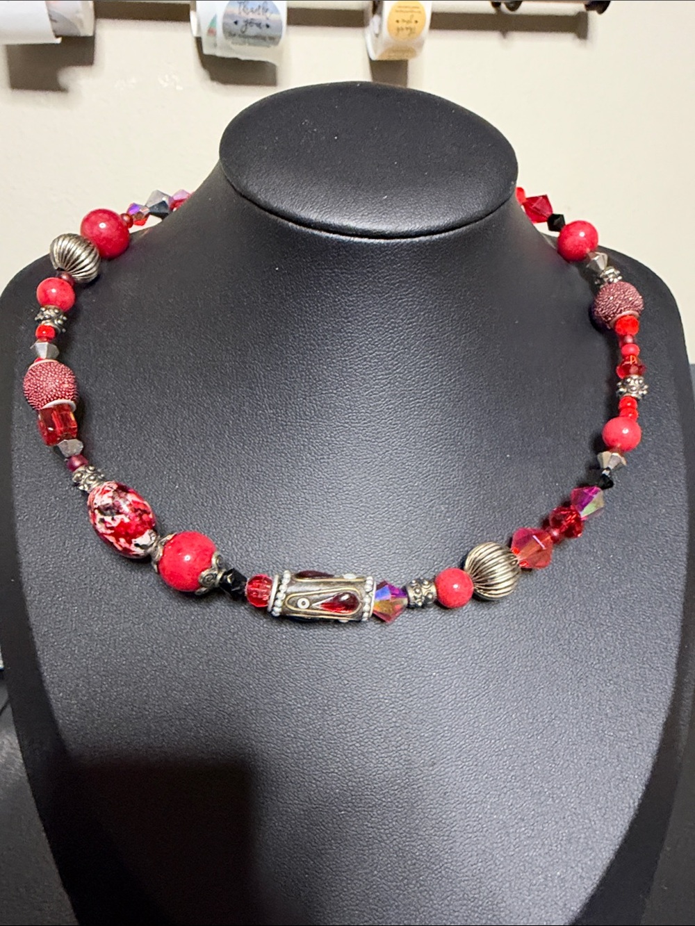Glass Mixed Media Red Silver Tone Beaded Statement Choker Necklace